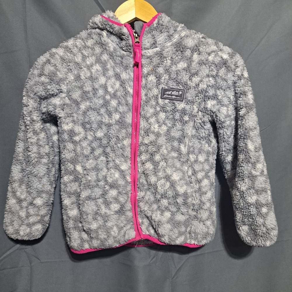 Eddie Bauer Kids XS 5/6 Gray Fleece Zip Hoodie Pink Edge‎